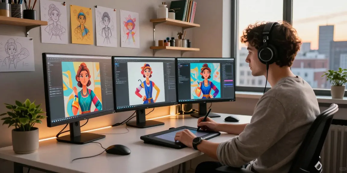 Creative studio scene showcasing an artist designing NSFW AI characters with digital tools and vibrant art on screens.