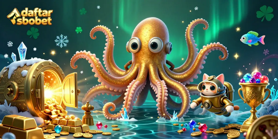 Engage in thrilling daftar sbobet gaming amidst a vibrant treasure-filled scene with a kraken and diving cat.