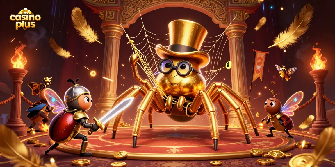 Engage with casino plus at an adventurous scene of a golden tarantula and knight in a vibrant casino realm.