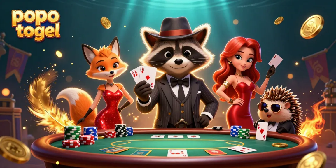 Experience popo togel gameplay with a stylish raccoon and friends in a vibrant poker scene.