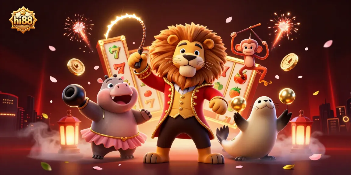 Engage with hi88 in this vibrant scene of a lion ringmaster and friends showcasing slots and festive elements.