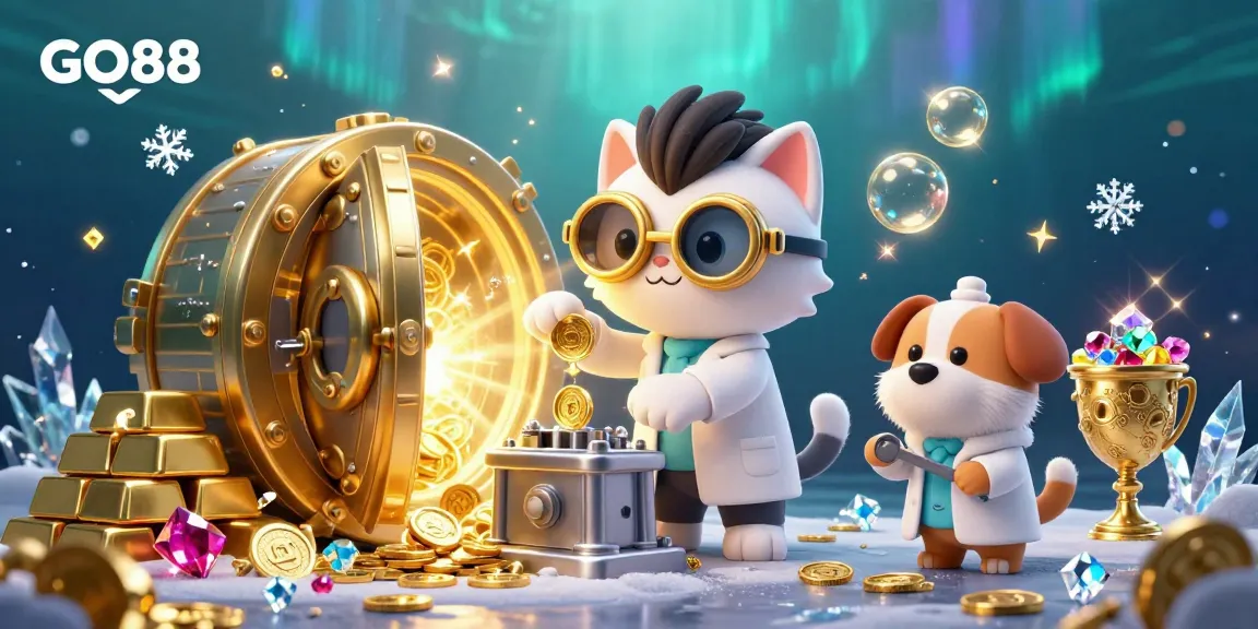 Experience GO88's thrilling casino atmosphere with a mad scientist cat and golden treasure in a vibrant 3D illustration.