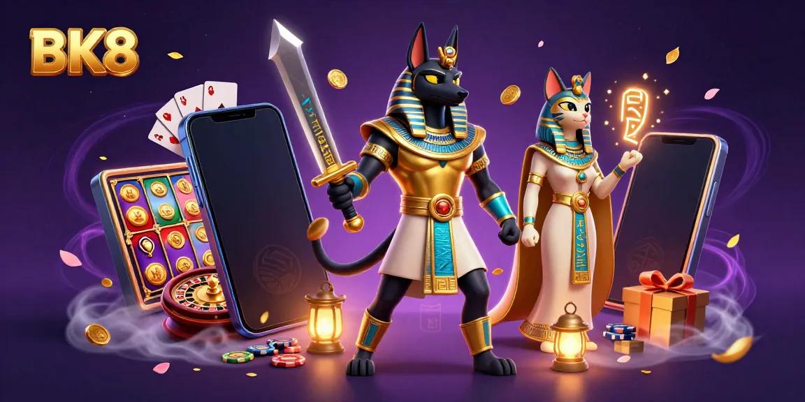 Experience thrilling wins at BK8 with a vibrant scene of ancient warrior Anubis and companion Bastet amidst gaming elements.