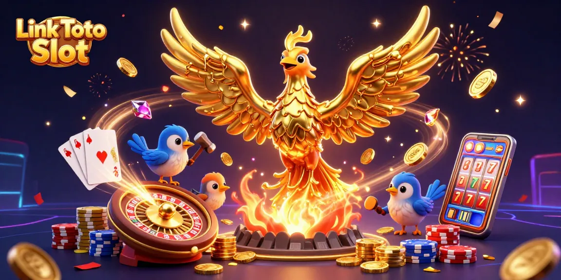 Win big with Link Toto Slot while mesmerizing golden phoenix and casino elements create an unforgettable gaming experience.