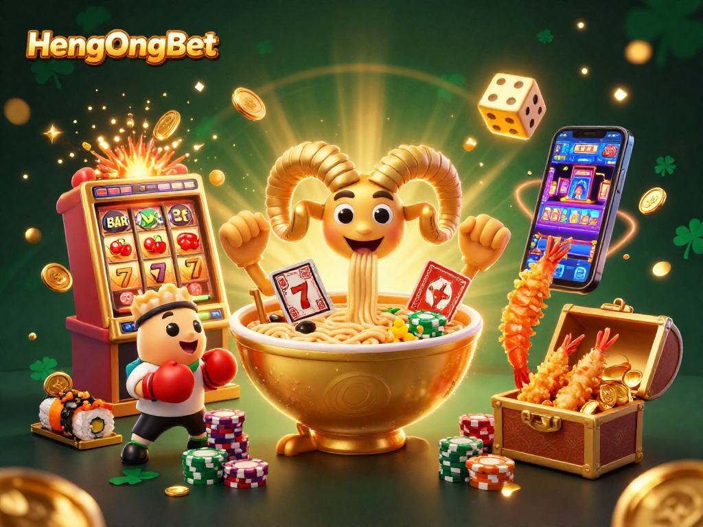 Join the fun at HengOngBet with a colorful casino scene featuring a giant ramen bowl dealer!