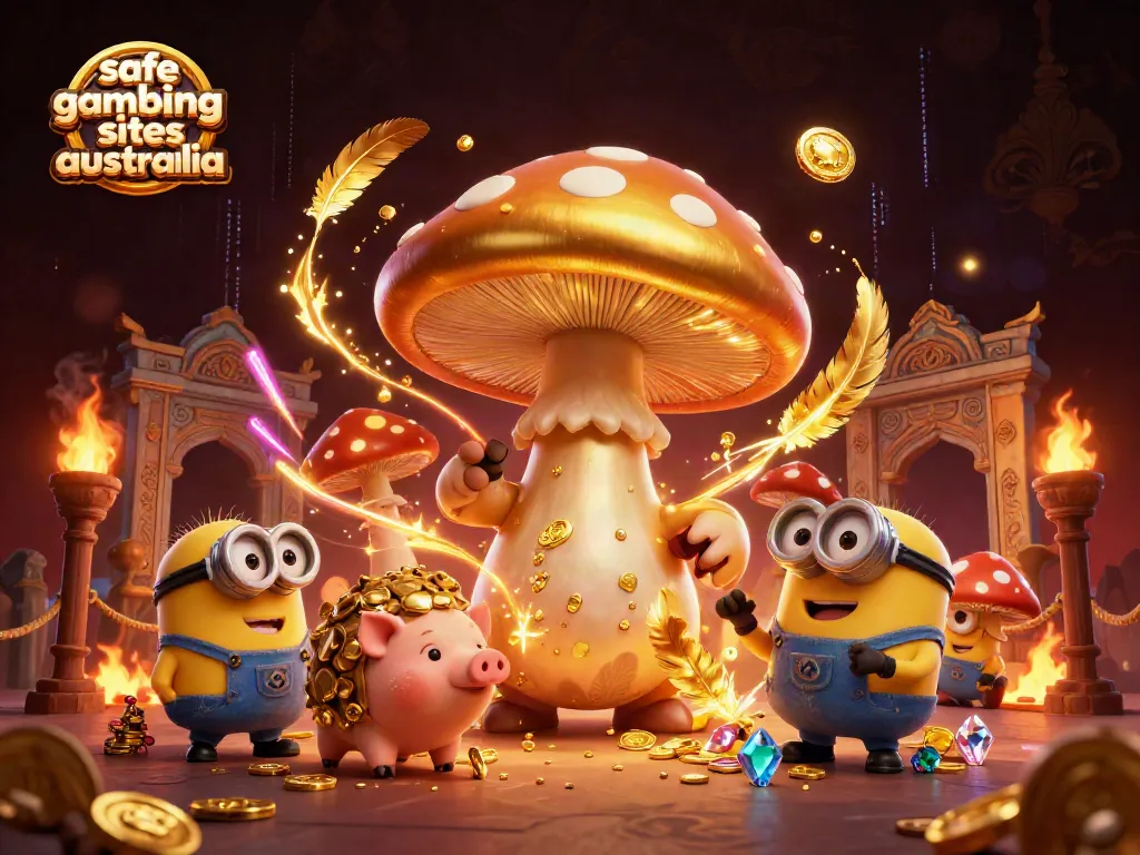 Engaging scene illustrating safe online gambling sites Australia with a golden mushroom wizard and treasure.