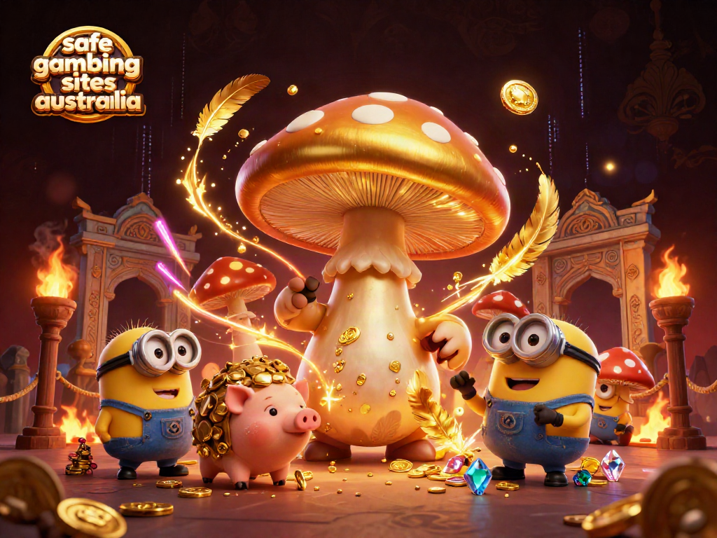 Engaging scene illustrating safe online gambling sites Australia with a golden mushroom wizard and treasure.