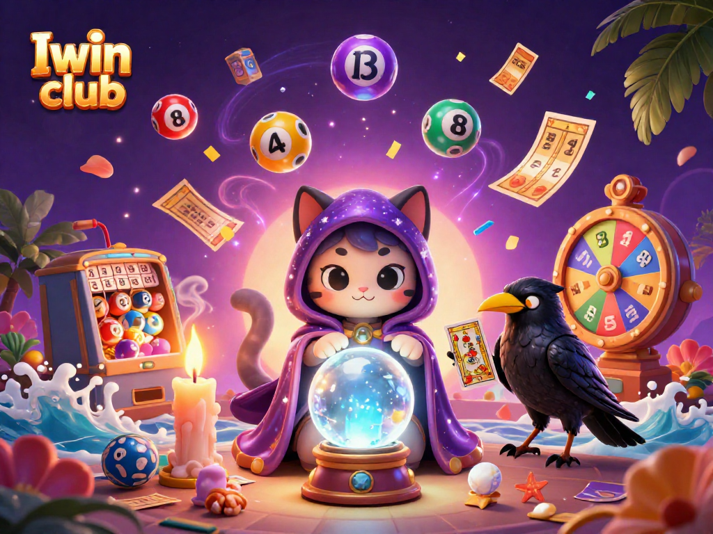 Play exciting lottery games at Iwin club with vibrant numbered balls and lucky charm illustrations.