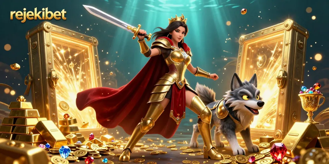 Experience thrilling gameplay with rejekibet, featuring a powerful warrior queen and glowing wolf in a dazzling treasure scene.