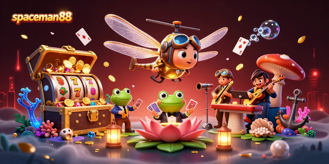 Engage in the excitement with spaceman88 as the dragonfly pilot and frog croupier come alive in a casino fantasy.