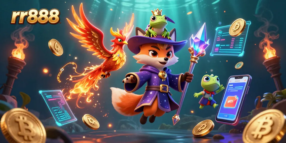 Experience thrilling gameplay at rr888 with an enchanted wizard fox and phoenix in a vibrant casino-themed scene.
