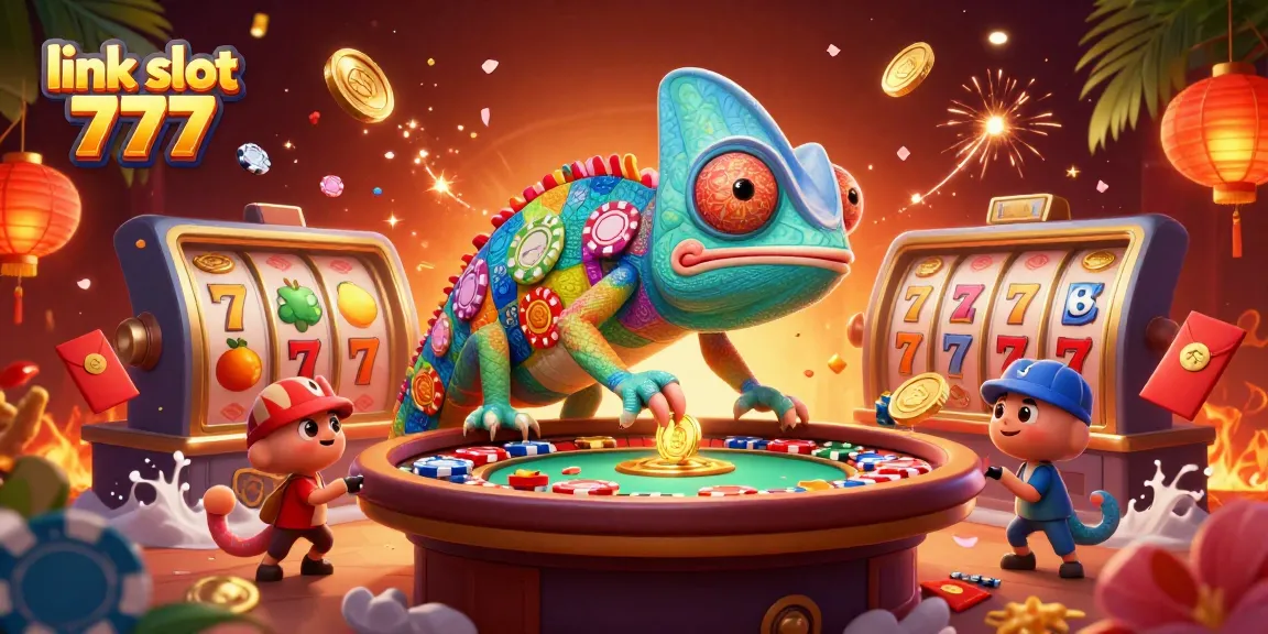 Spin the reels for jackpots at link slot 777 with the chameleon casino owner in a vibrant scene.