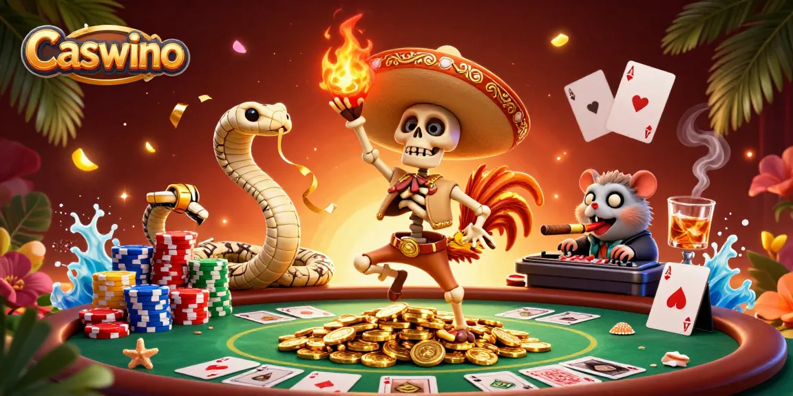 Play poker with Caswino's lively characters celebrating wins on a vibrant background.