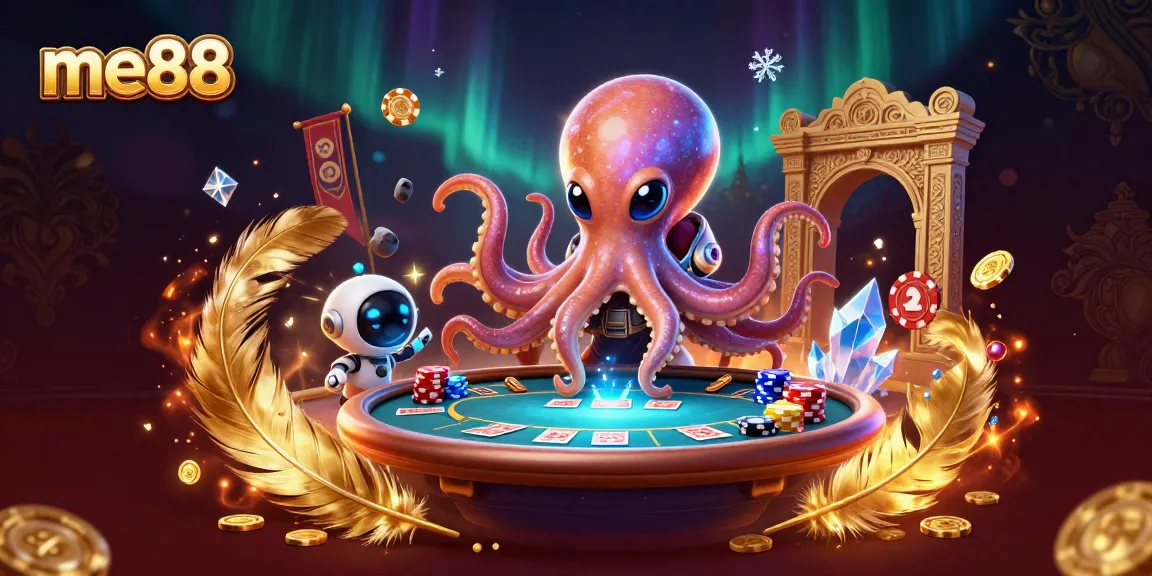 Experience me88's thrilling gameplay with an alien octopus dealer at a poker table amidst cosmic elements.