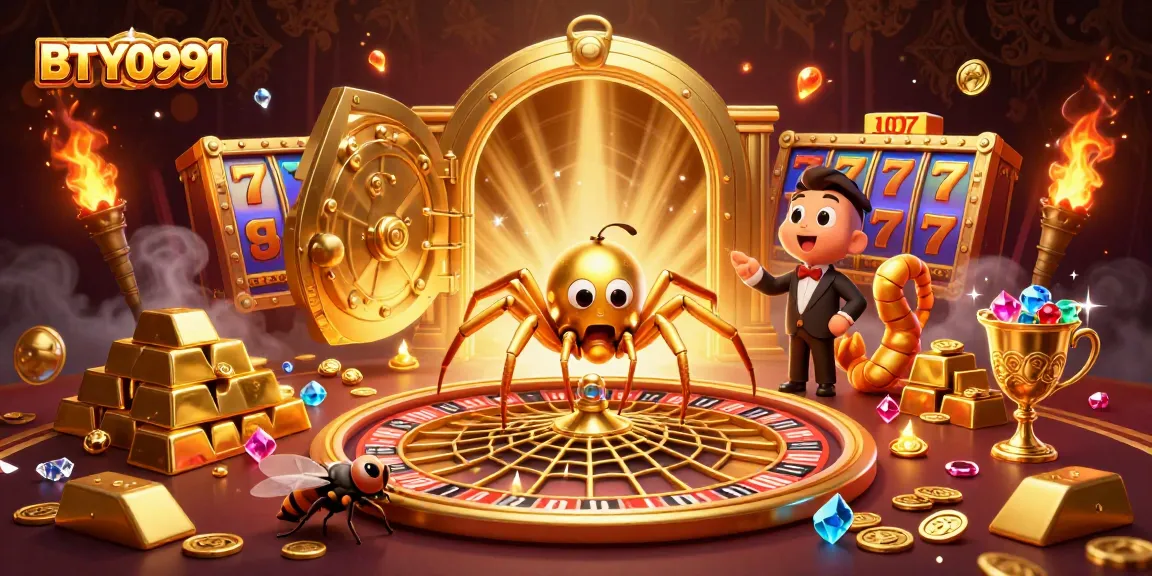 BTY0991 captivates with a dynamic casino scene showcasing a spider and centipede amidst vibrant slot reels and gold.