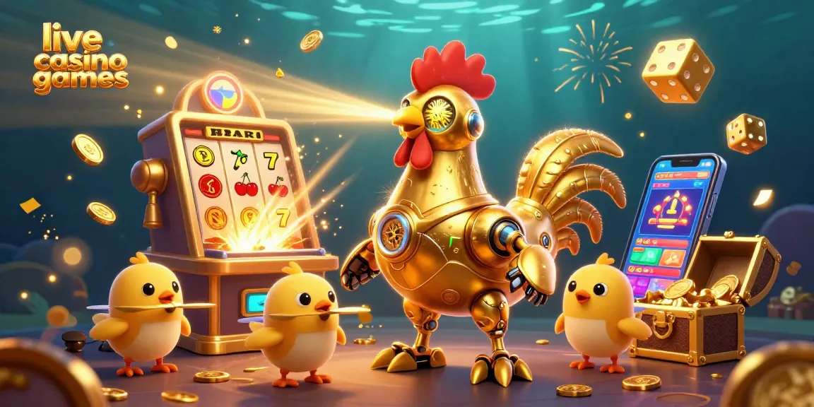 Engage in exhilarating live casino games with a vibrant scene featuring a golden rooster robot and baby chick drones.