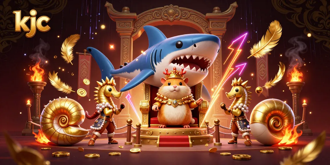 KJC's dynamic gambling kingdom showcases a golden hamster king amid stunning décor, guarding treasures.