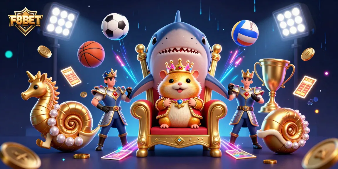 Engage in thrilling gaming experiences at F8BET, featuring a golden hamster king and vibrant sports elements.